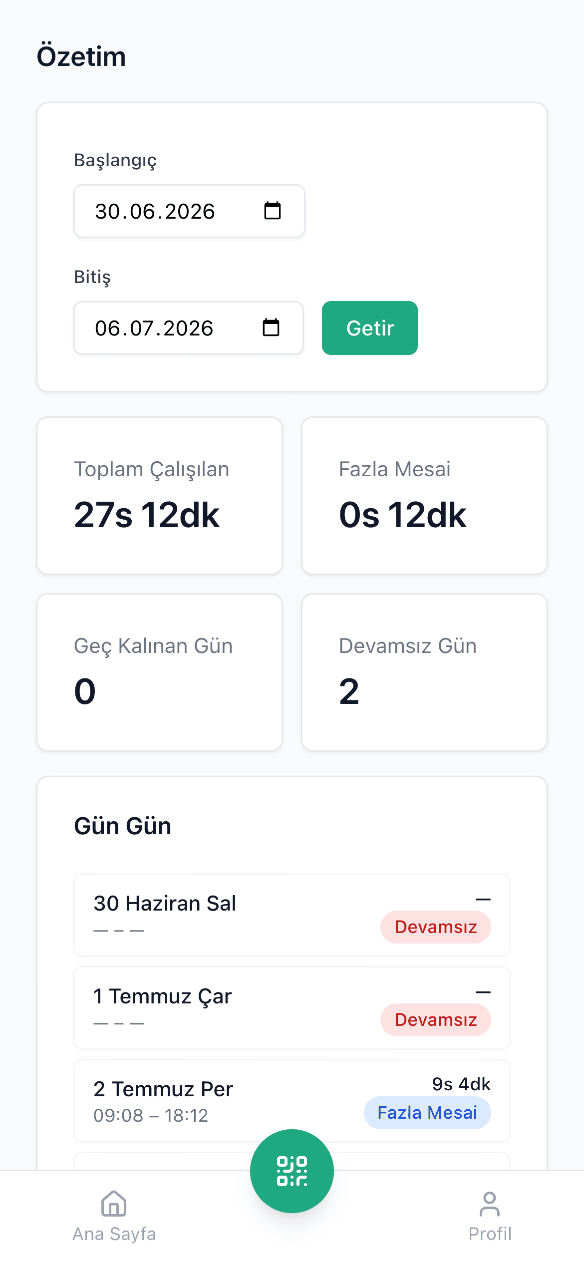 Özet ve mesai raporu